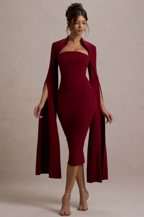 club l Linden Berry Bodycon Cape-Sleeve Midi Dress