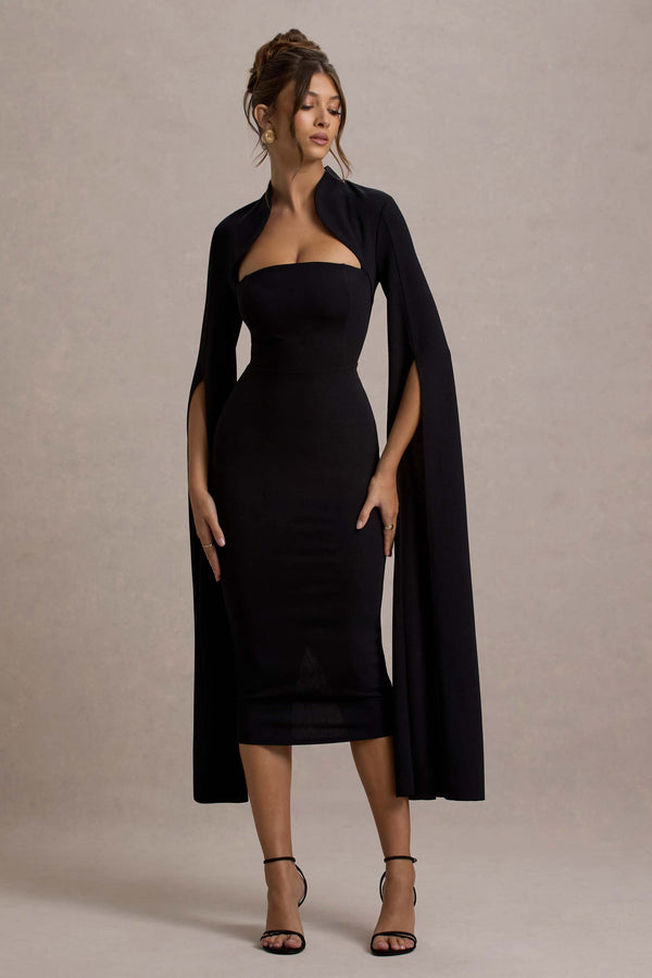club l Linden Black Bodycon Cape-Sleeve Midi Dress