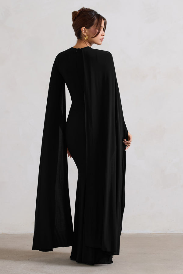 Club L Magdelena Black Asymmetric Cape Maxi Dress