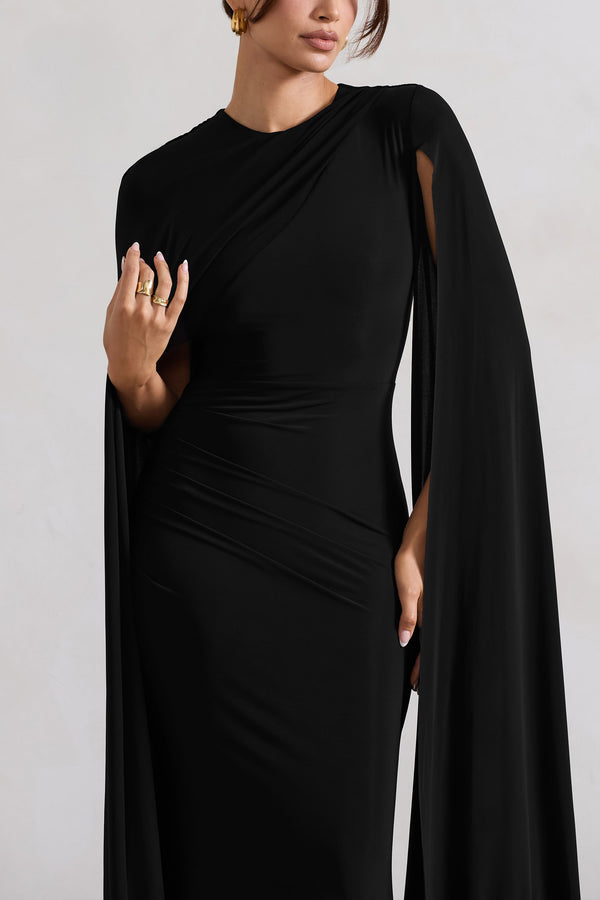 Club L Magdelena Black Asymmetric Cape Maxi Dress