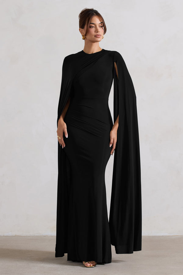 Club L Magdelena Black Asymmetric Cape Maxi Dress