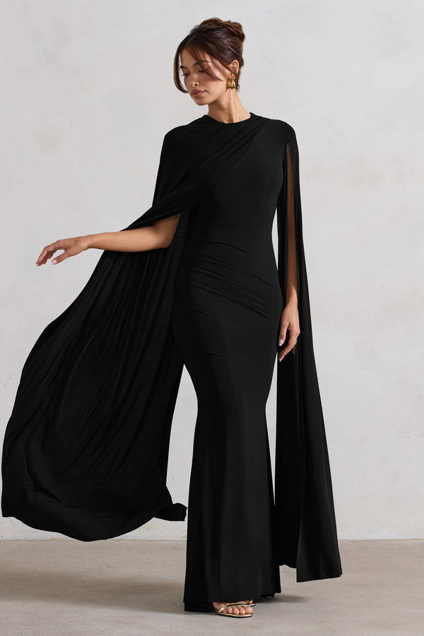 club l Magdelena Black Asymmetric Cape Maxi Dress