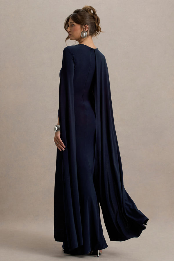 Club L Magdelena Navy Asymmetric Cape Maxi Dress