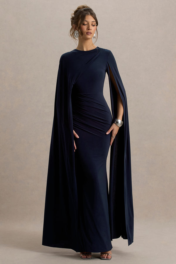 Club L Magdelena Navy Asymmetric Cape Maxi Dress