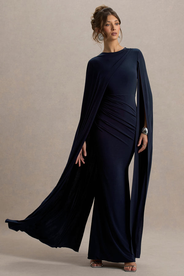 club l Magdelena Navy Asymmetric Cape Maxi Dress