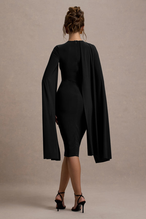 Club L Marysol Black Asymmetric Cape Midi Dress