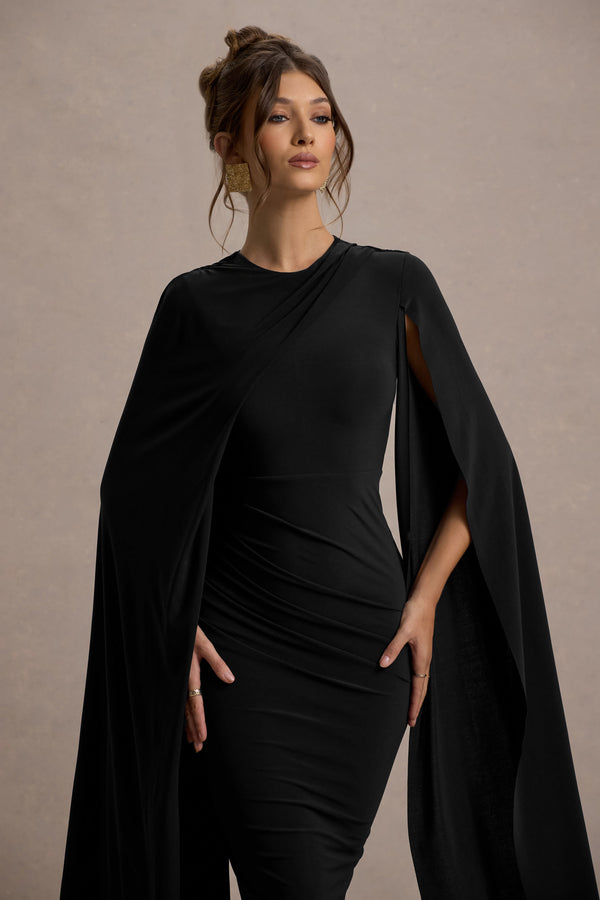 Club L Marysol Black Asymmetric Cape Midi Dress