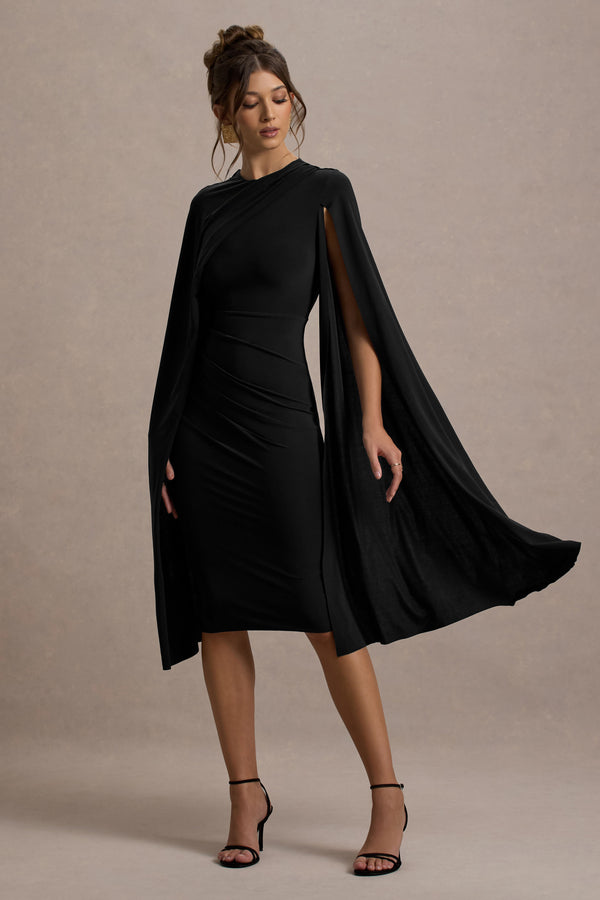 Club L Marysol Black Asymmetric Cape Midi Dress