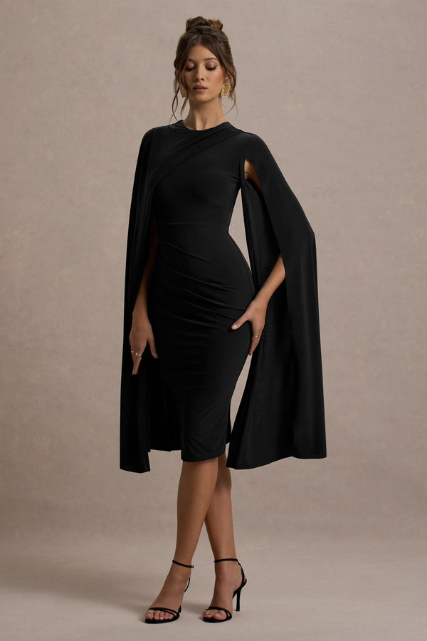 club l Marysol Black Asymmetric Cape Midi Dress