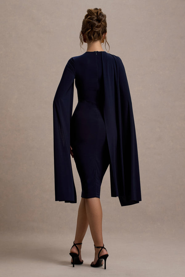Club L Marysol Navy Asymmetric Cape Midi Dress