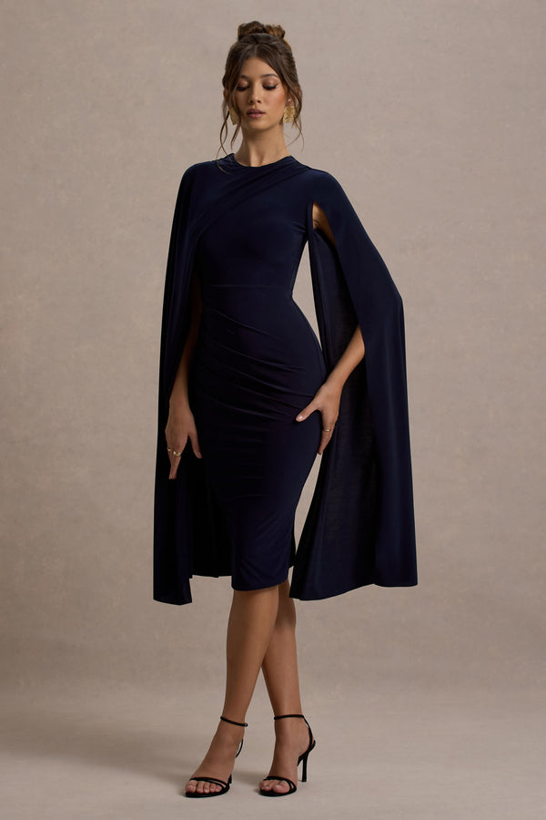 Club L Marysol Navy Asymmetric Cape Midi Dress