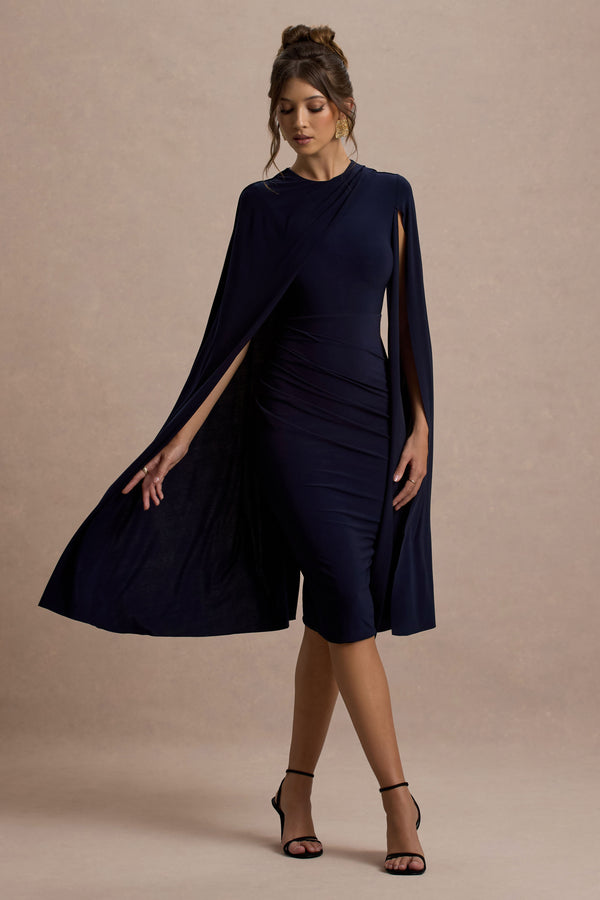 Club L Marysol Navy Asymmetric Cape Midi Dress