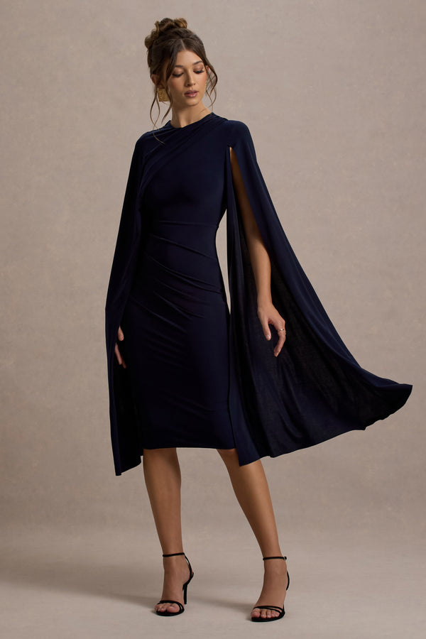 club l Marysol Navy Asymmetric Cape Midi Dress