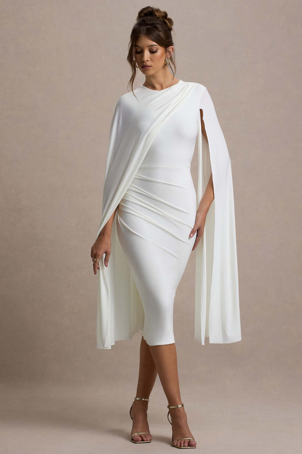 club l Marysol White Asymmetric Cape Midi Dress