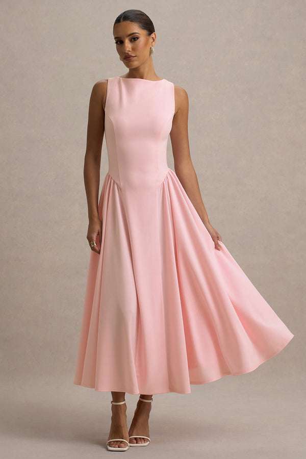 Club L Muriel Pink Boat-Neck Volume-Hem Midi Dress