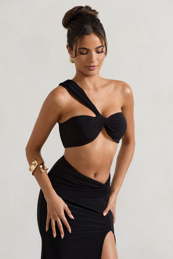 Club L Open Heart Black Knot One Shoulder Bralette