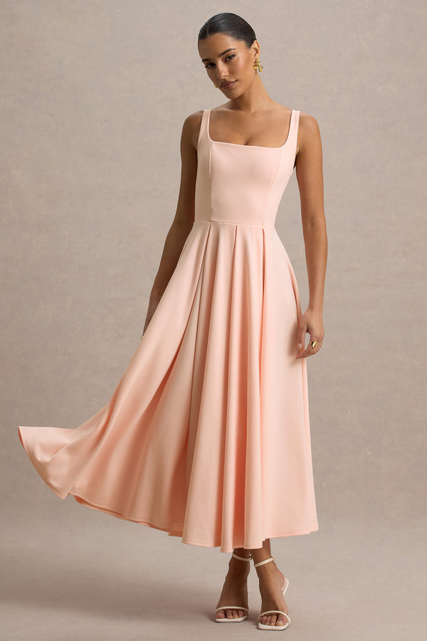 club l Parina Pink Strappy Volume-Hem Midi Dress