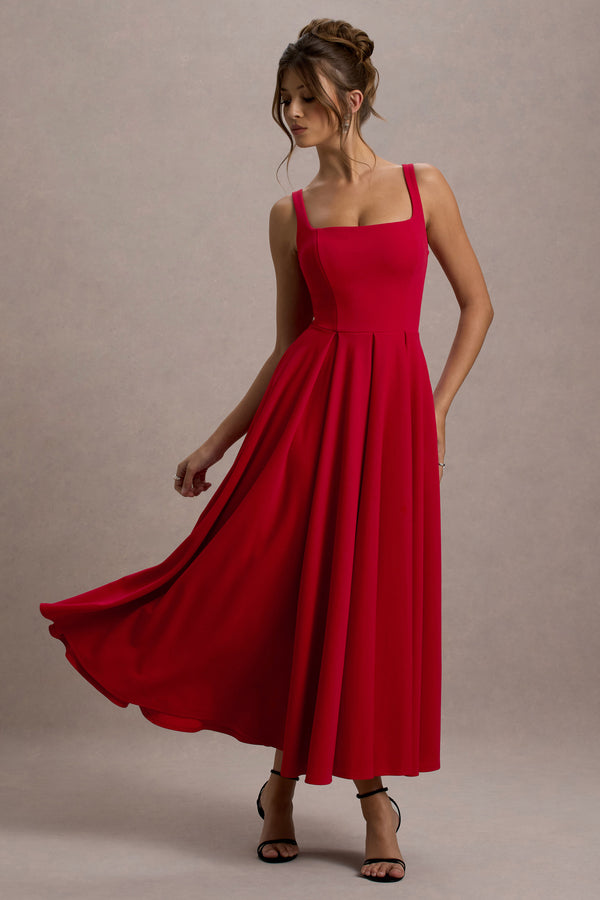 club l Parina Red Strappy Volume-Hem Midi Dress