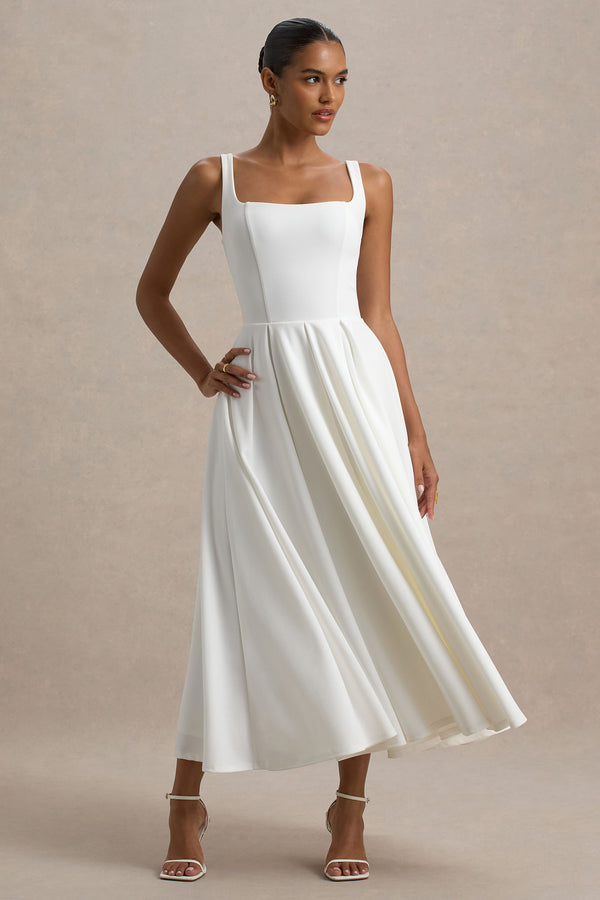 Club L Parina White Strappy Volume-Hem Midi Dress