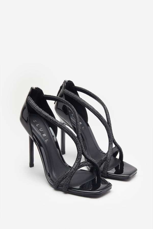 Club L Pluto Black Patent Diamante Heeled Sandals