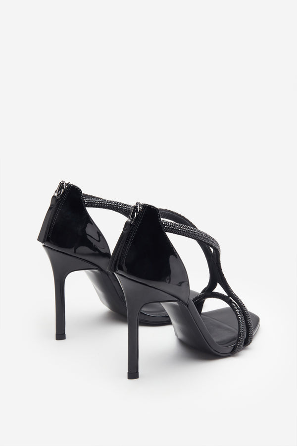 Club L Pluto Black Patent Diamante Heeled Sandals