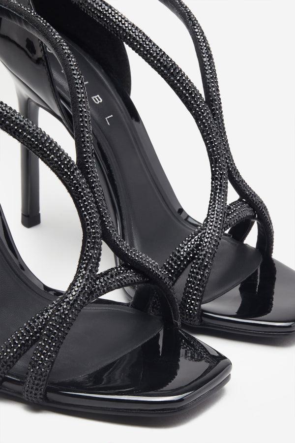 Club L Pluto Black Patent Diamante Heeled Sandals