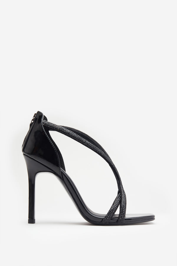 club l Pluto Black Patent Diamante Heeled Sandals