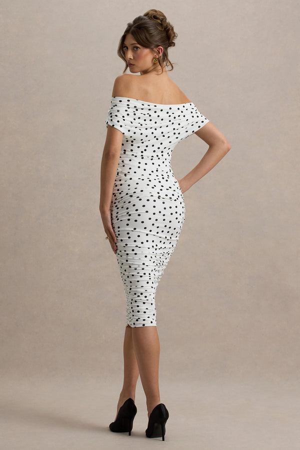 Club L Rayleigh Polka Dot Bardot Ruched Midi Dress