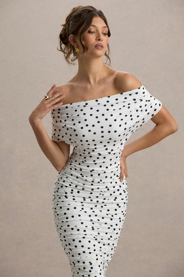 Club L Rayleigh Polka Dot Bardot Ruched Midi Dress