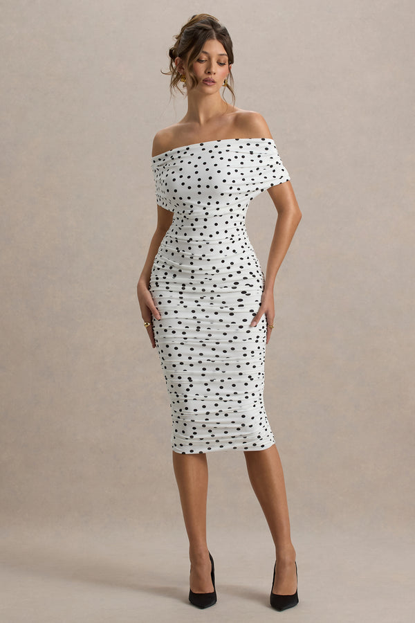 Club L Rayleigh Polka Dot Bardot Ruched Midi Dress
