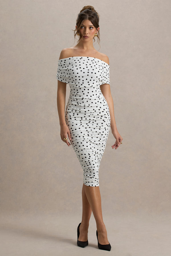 club l Rayleigh Polka Dot Bardot Ruched Midi Dress