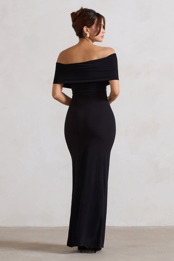 Club L Refined Black Twist Front Bardot Maxi Dress