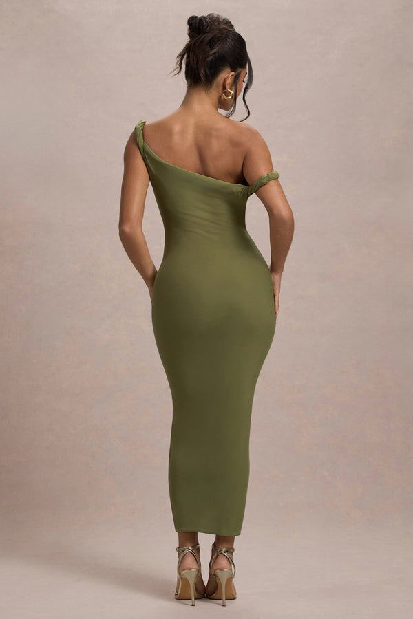 Club L Salome Olive Twisted Asymmetric Midi Dress