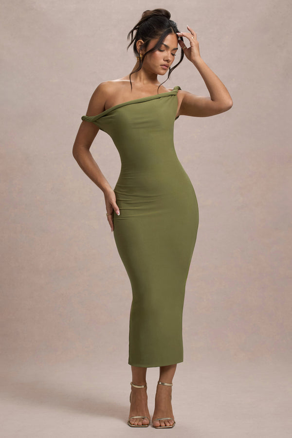 Club L Salome Olive Twisted Asymmetric Midi Dress