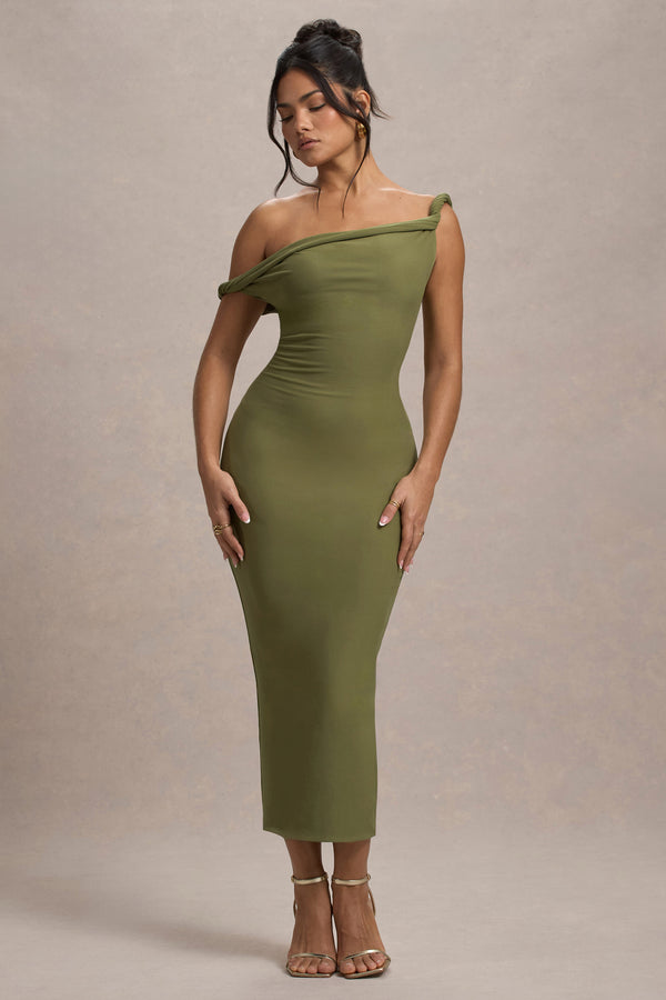 club l Salome Olive Twisted Asymmetric Midi Dress