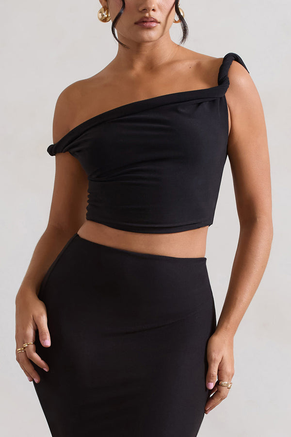 Club L Sami Black Twisted Asymmetric Crop Top