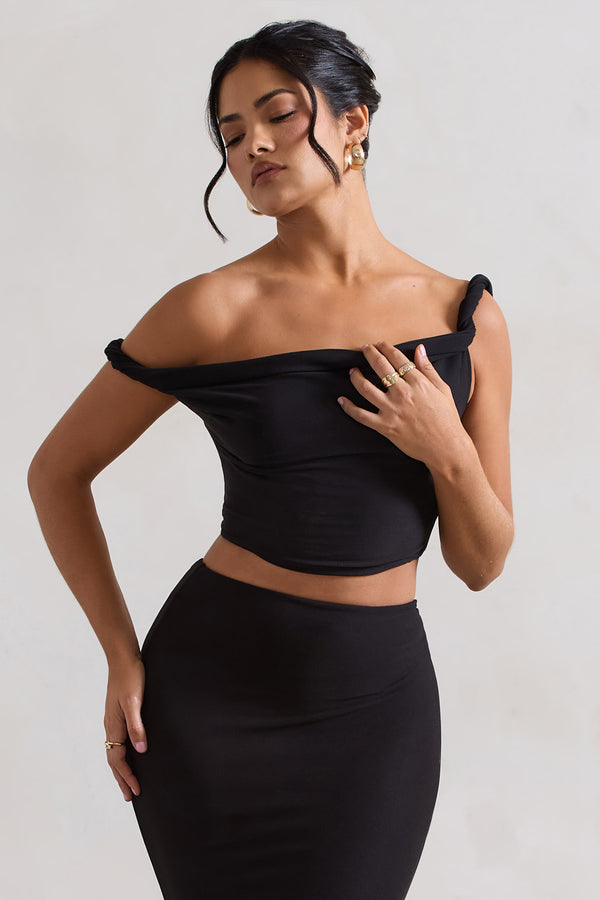 Club L Sami Black Twisted Asymmetric Crop Top