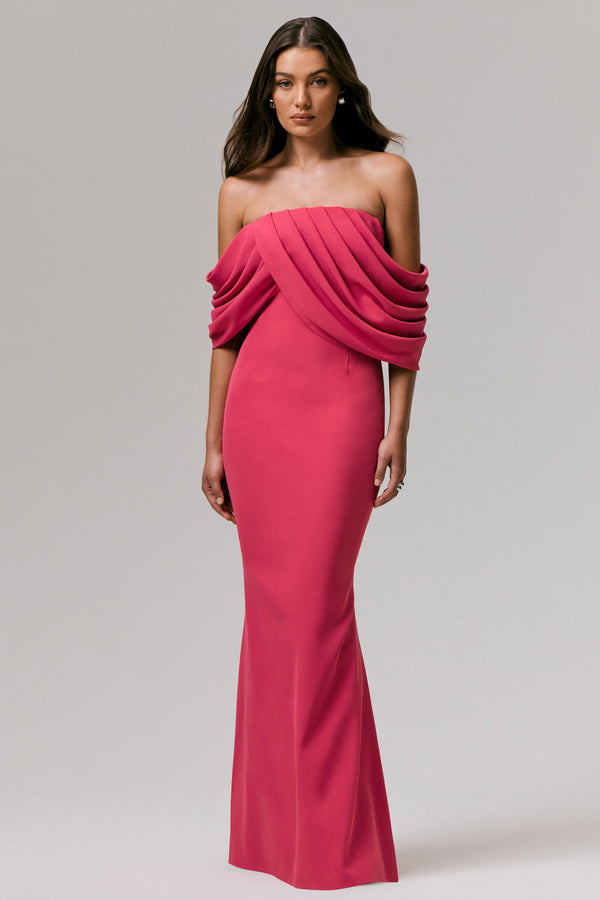 club l Serene Hot Pink Draped Bardot Maxi Dress