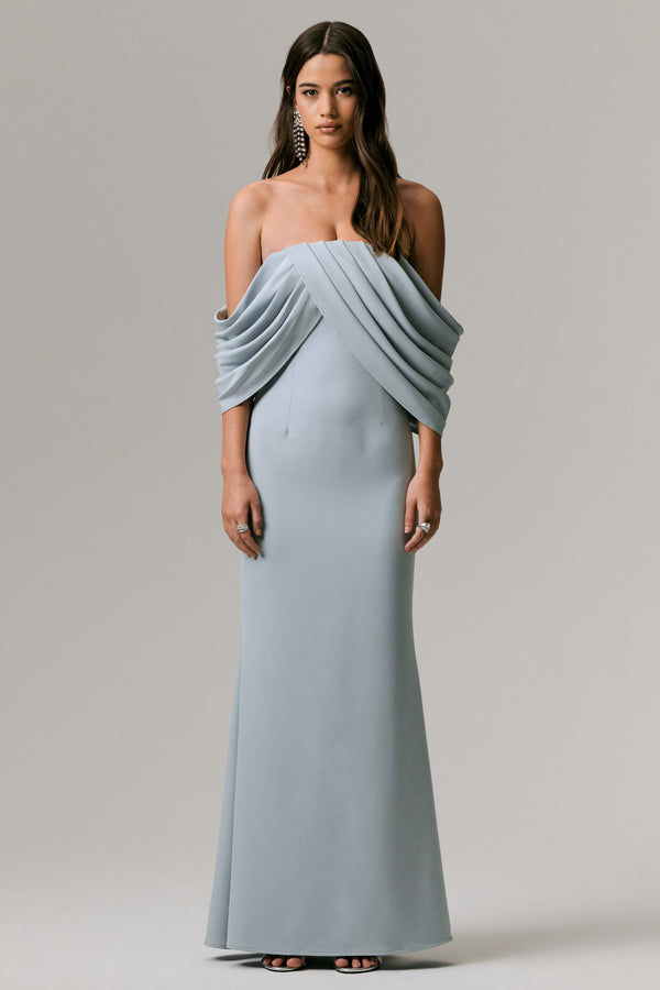 club l Serene Powder Blue Draped Bardot Maxi Dress