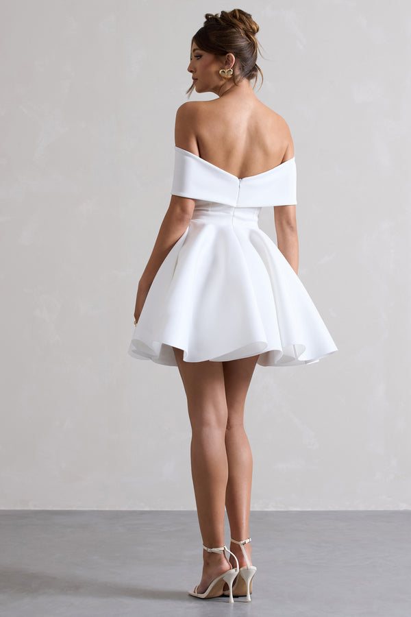 Club L Snowfall White Bardot Bow Skater Mini Dress