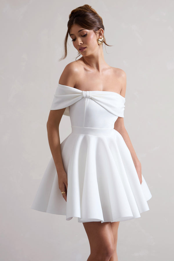 Club L Snowfall White Bardot Bow Skater Mini Dress