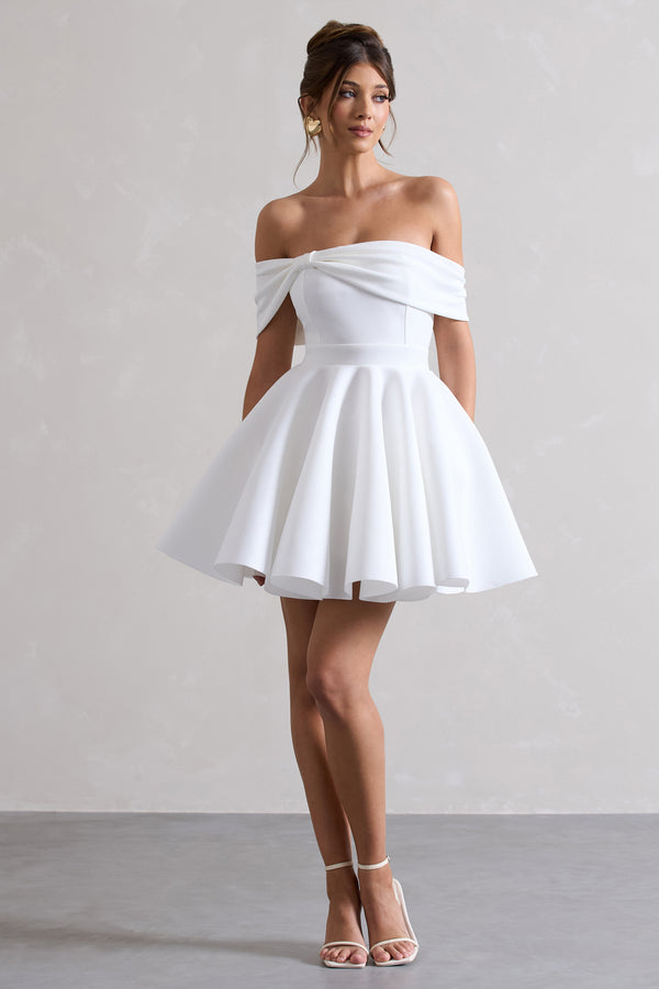Club L Snowfall White Bardot Bow Skater Mini Dress