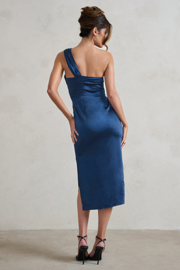 Club L Steffie Navy Asymmetric Satin Midi Dress