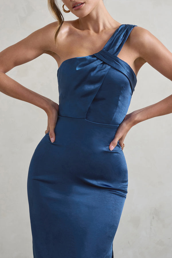 Club L Steffie Navy Asymmetric Satin Midi Dress