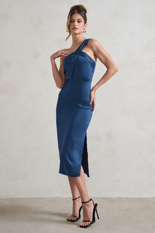 Club L Steffie Navy Asymmetric Satin Midi Dress