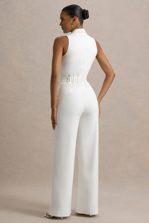 Club L Trixie White Plunge-Neck Tailored Jumpsuit