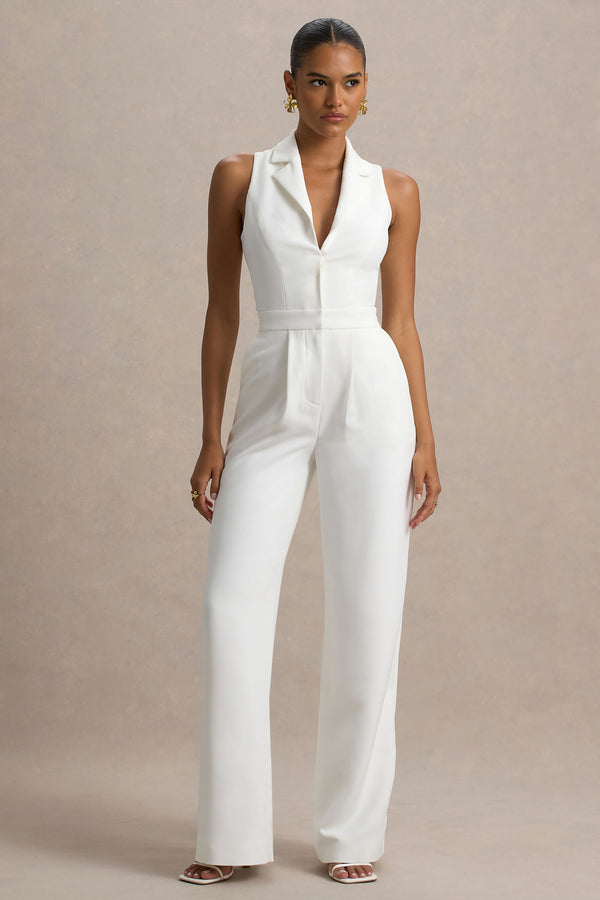 Club L Trixie White Plunge-Neck Tailored Jumpsuit