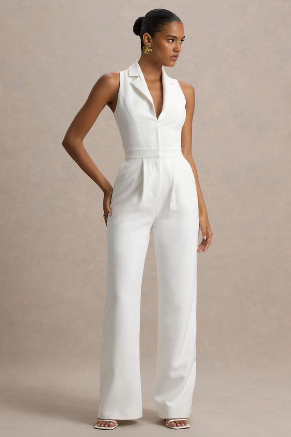 club l Trixie White Plunge-Neck Tailored Jumpsuit