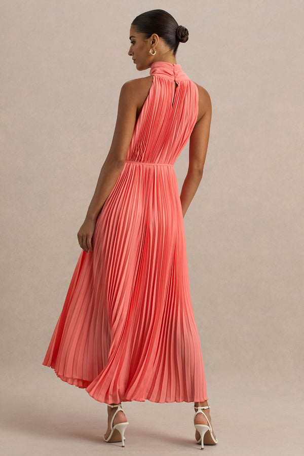 Club L Tulip Coral Pleated High-Neck Midi Dress
