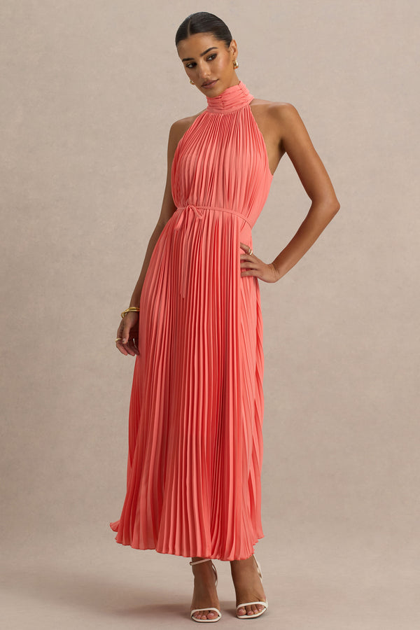 Club L Tulip Coral Pleated High-Neck Midi Dress